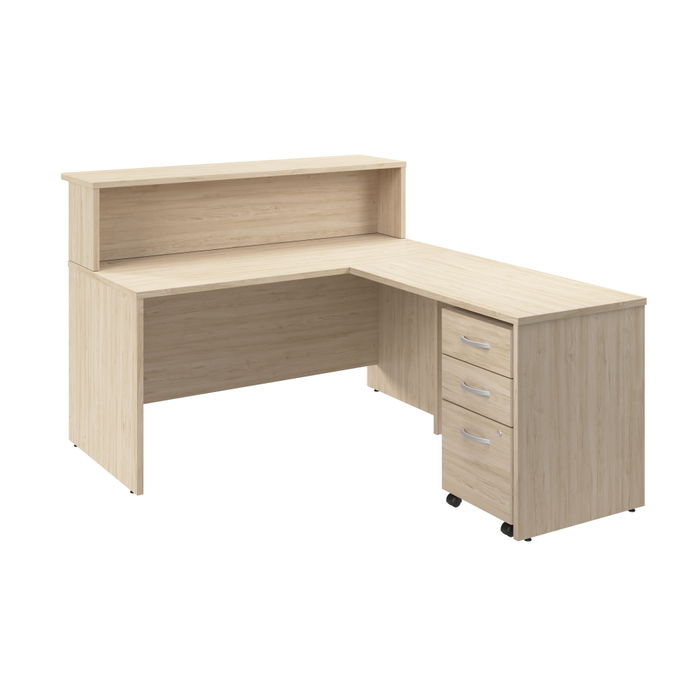 Arrive 60W x 72D L Shaped Reception Desk with Shelf and Mobile File Cabinet