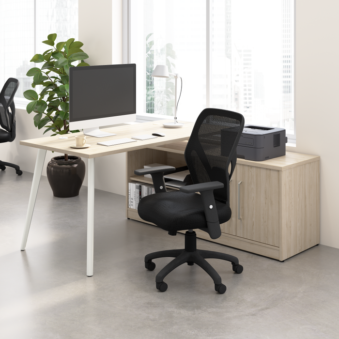 Vista 60W L Shaped Desk with Splayed Metal Legs and Low Storage Cabinet