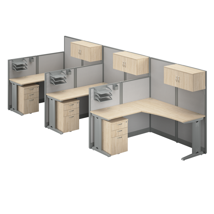 Office in an Hour 3 Person L Shaped Cubicle Desks with Storage, Drawers, and Organizers