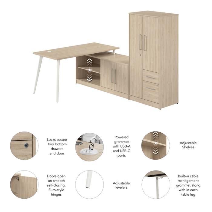 Vista 60W L Shaped Desk with Metal Legs, Low Storage Cabinet, and Wardrobe