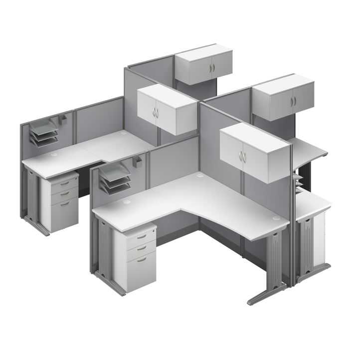 Office in an Hour 4 Person L Shaped Cubicle Desks with Storage, Drawers, and Organizers