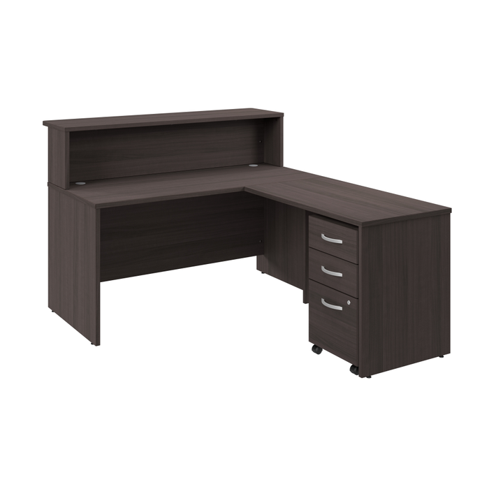 Arrive 60W x 72D L Shaped Reception Desk with Shelf and Mobile File Cabinet