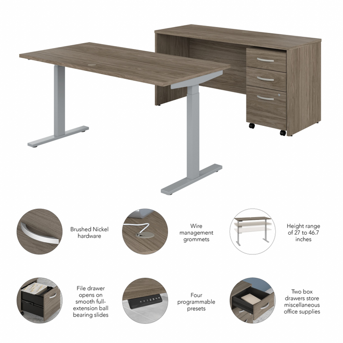 Studio C 60W x 30D Height Adjustable Standing Desk, Credenza and Mobile File Cabinet