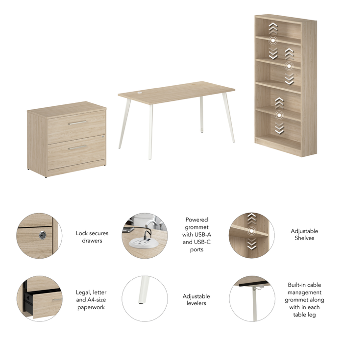 Vista 60W Desk with Splayed Metal Legs, Lateral File Cabinet, and Bookcase