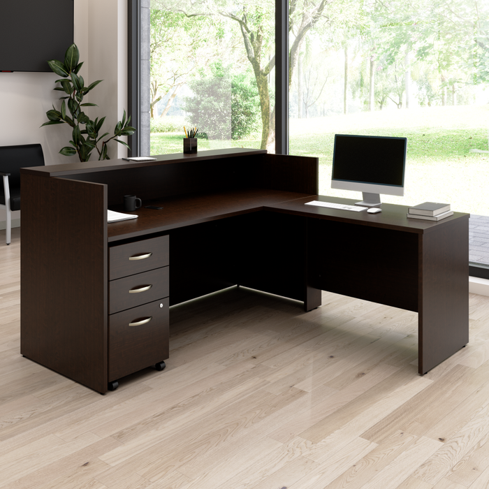 Arrive 72W x 72D L Shaped Reception Desk with Shelf and Mobile File Cabinet
