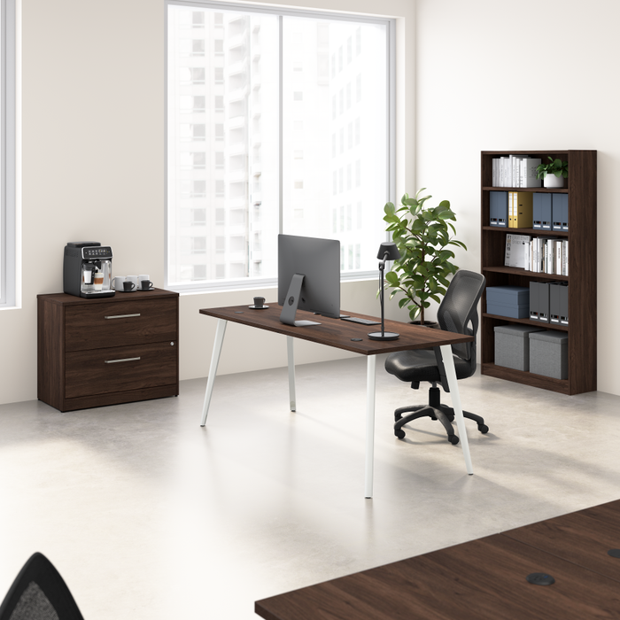 Vista 72W Desk with Splayed Metal Legs, Lateral File Cabinet, and Bookcase