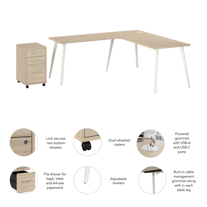Vista 72W L Shaped Desk with Splayed Metal Legs and Mobile File Cabinet