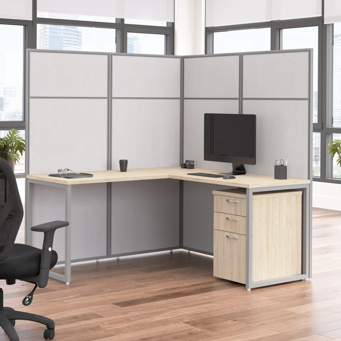 Easy Office 60W L Shaped Cubicle Desk with File Cabinet and 66H Panels
