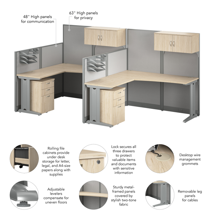 Office in an Hour 2 Person L Shaped Cubicle Desks with Storage, Drawers, and Organizers