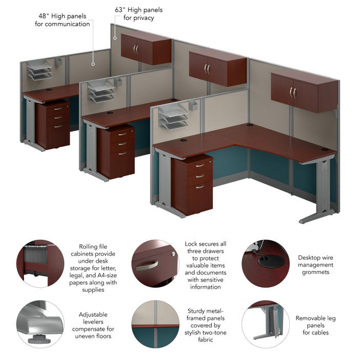 Office in an Hour 3 Person L Shaped Cubicle Desks with Storage, Drawers, and Organizers