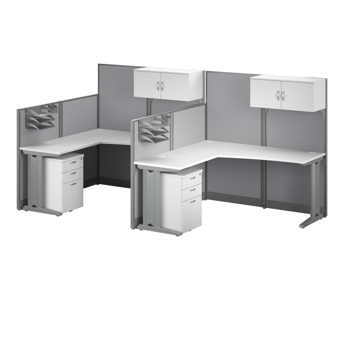 Office in an Hour 2 Person L Shaped Cubicle Desks with Storage, Drawers, and Organizers