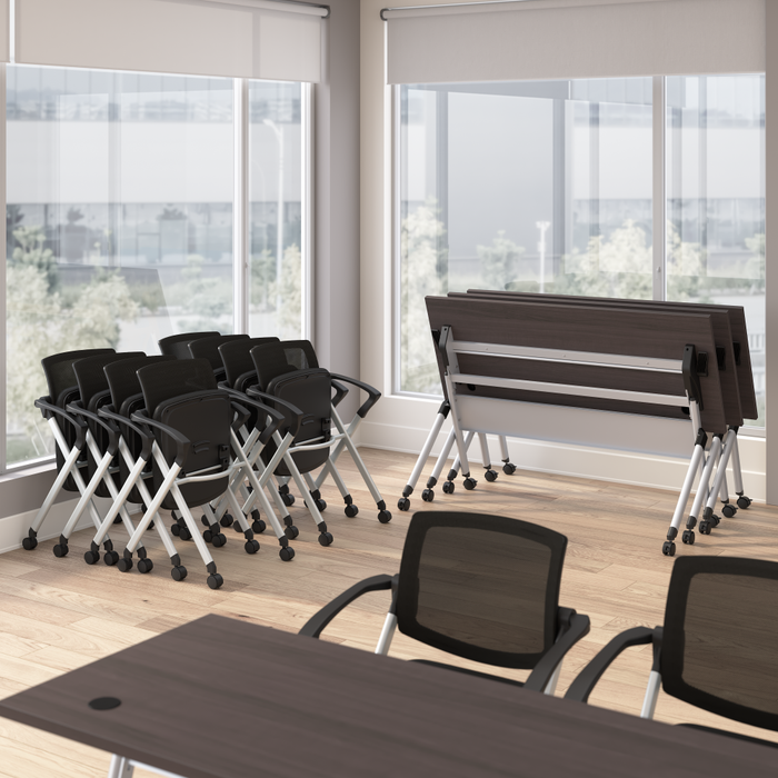 Envision 72W Training Table with Powered Grommets and 2 Chairs with Arms