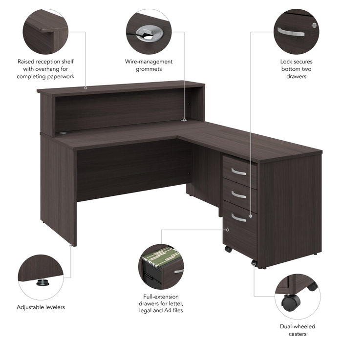 Arrive 60W x 72D L Shaped Reception Desk with Shelf and Mobile File Cabinet
