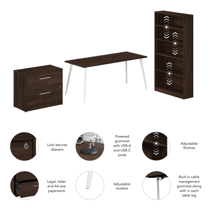 Vista 72W Desk with Splayed Metal Legs, Lateral File Cabinet, and Bookcase