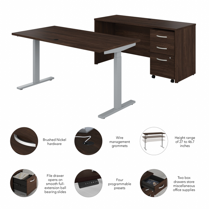 Studio C 60W x 30D Height Adjustable Standing Desk, Credenza and Mobile File Cabinet
