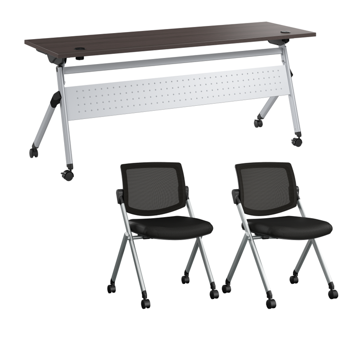 Envision 72W Folding Training Table with Powered Grommets and 2 Chairs