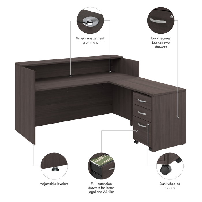 Arrive 72W x 72D L Shaped Reception Desk with Shelf and Mobile File Cabinet