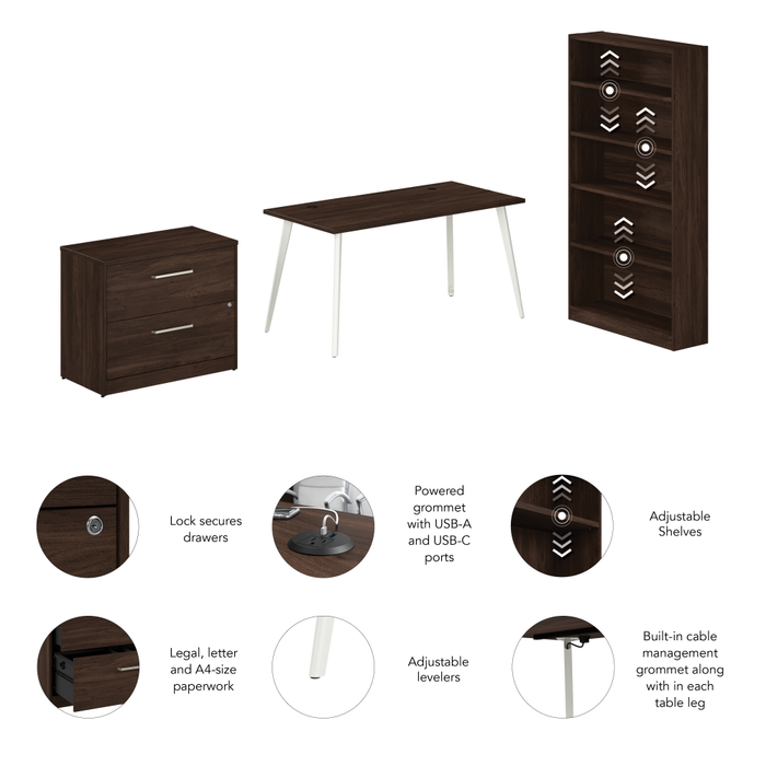Vista 60W Desk with Splayed Metal Legs, Lateral File Cabinet, and Bookcase