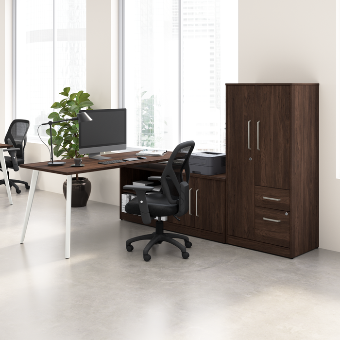 Vista 72W L Shaped Desk with Metal Legs, Low Storage Cabinet, and Wardrobe
