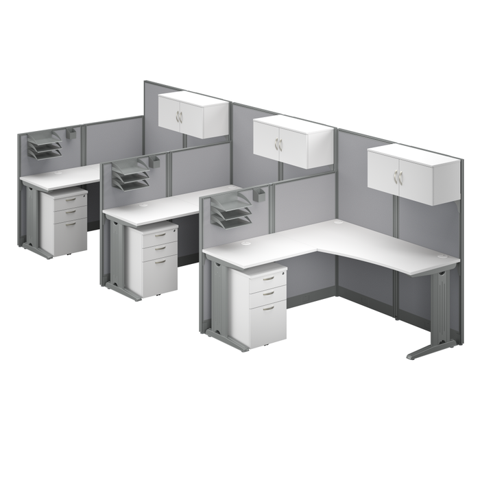 Office in an Hour 3 Person L Shaped Cubicle Desks with Storage, Drawers, and Organizers