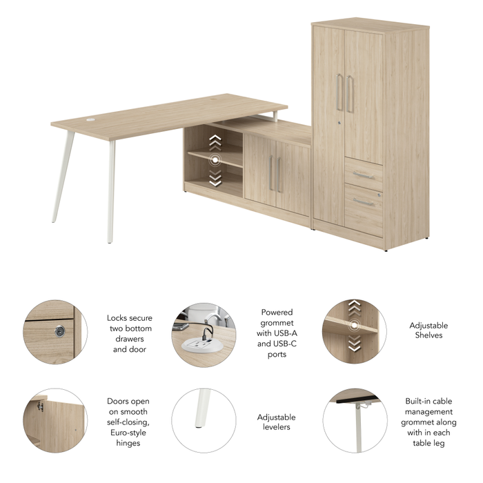 Vista 72W L Shaped Desk with Metal Legs, Low Storage Cabinet, and Wardrobe