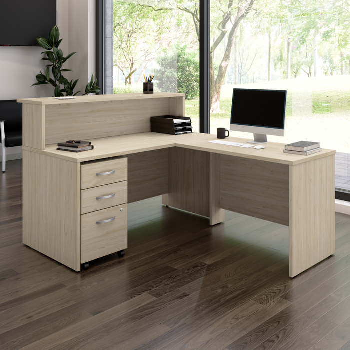 Arrive 60W x 72D L Shaped Reception Desk with Shelf and Mobile File Cabinet