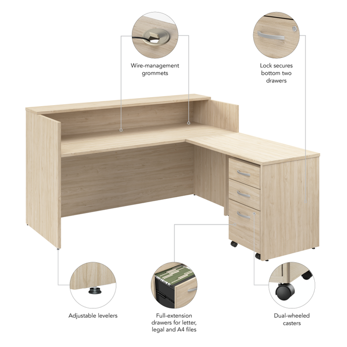 Arrive 72W x 72D L Shaped Reception Desk with Shelf and Mobile File Cabinet