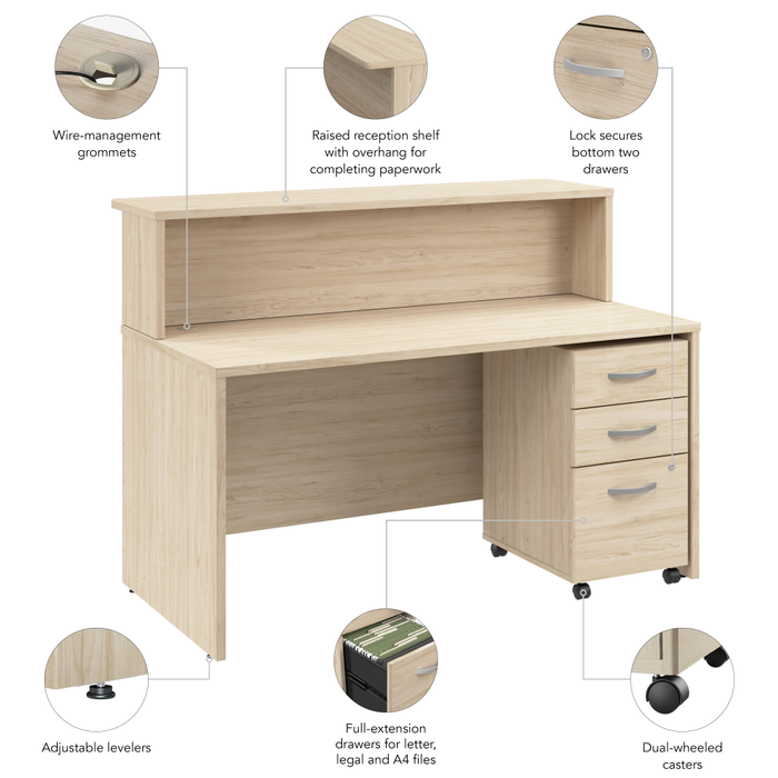 Arrive 60W x 30D Reception Desk with Shelf and Mobile File Cabinet