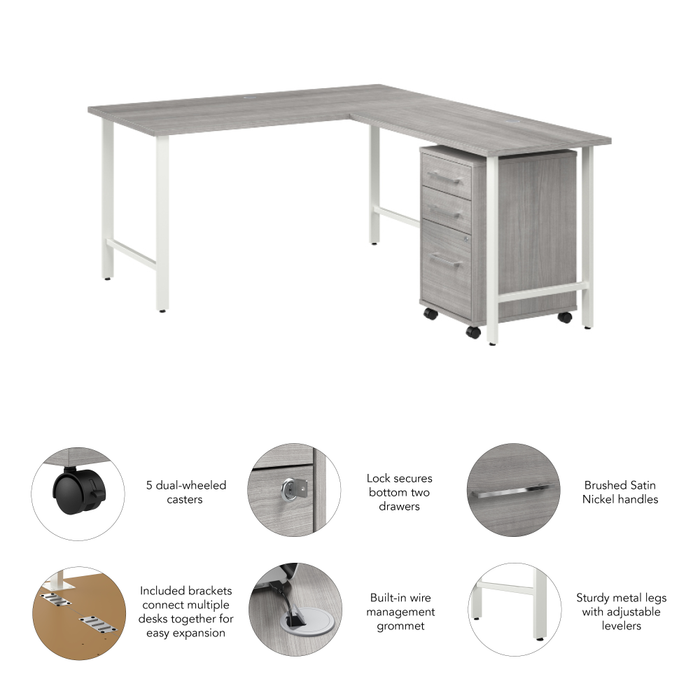Hustle 60W x 30D L Shaped Computer Desk with 3 Drawer Mobile File Cabinet