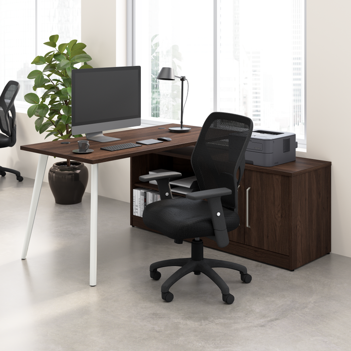 Vista 60W L Shaped Desk with Splayed Metal Legs and Low Storage Cabinet