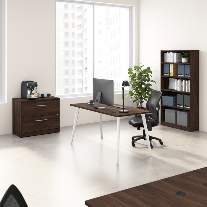 Vista 60W Desk with Splayed Metal Legs, Lateral File Cabinet, and Bookcase