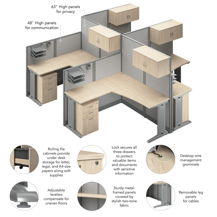 Office in an Hour 4 Person L Shaped Cubicle Desks with Storage, Drawers, and Organizers