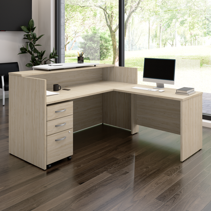 Arrive 72W x 72D L Shaped Reception Desk with Counter and Mobile File Cabinet