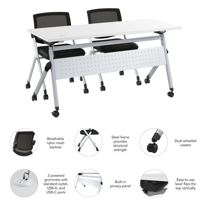 Envision 60W Folding Training Table with Powered Grommets and 2 Chairs