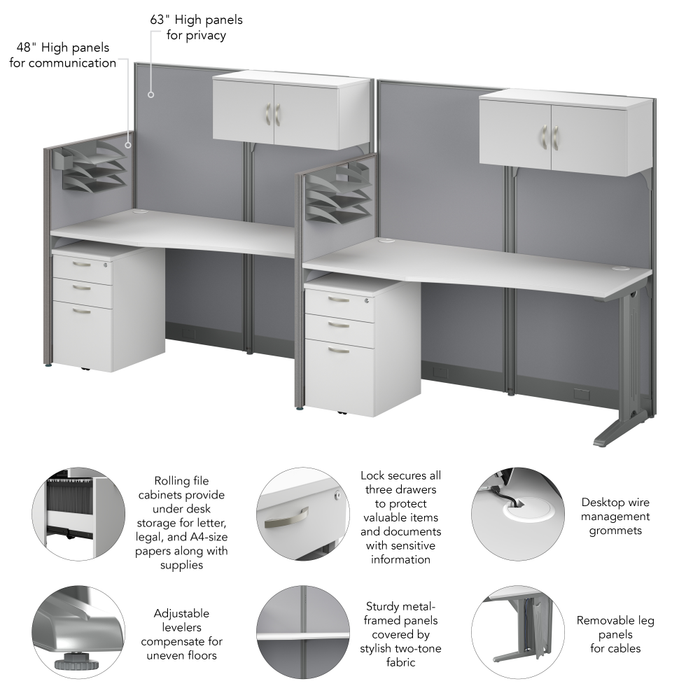 Office in an Hour 2 Person Cubicle Desks with Storage, Drawers, and Organizers
