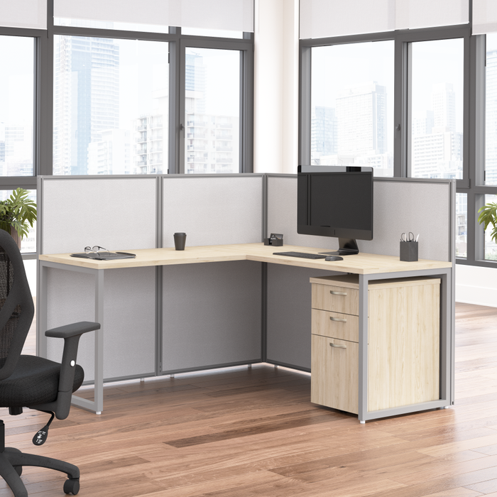 Easy Office 60W L Shaped Cubicle Desk with File Cabinet and 45H Panels
