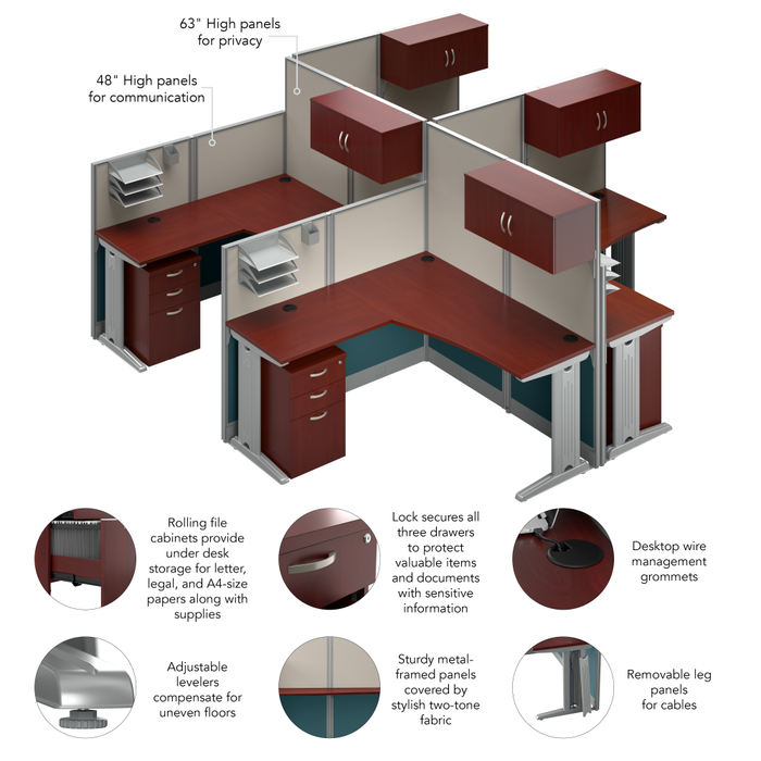 Office in an Hour 4 Person L Shaped Cubicle Desks with Storage, Drawers, and Organizers