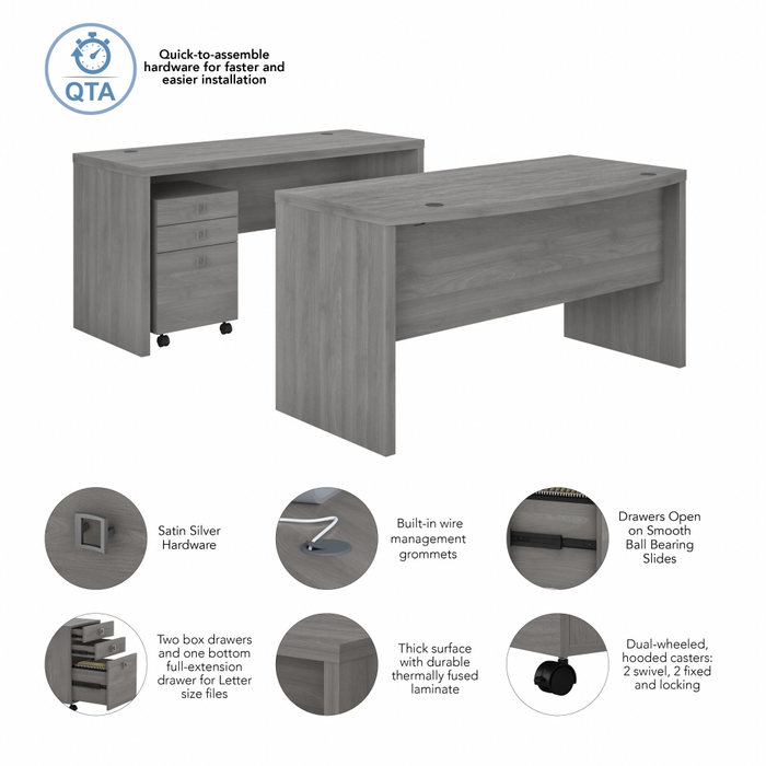 Echo Bow Front Desk and Credenza with Mobile File Cabinet