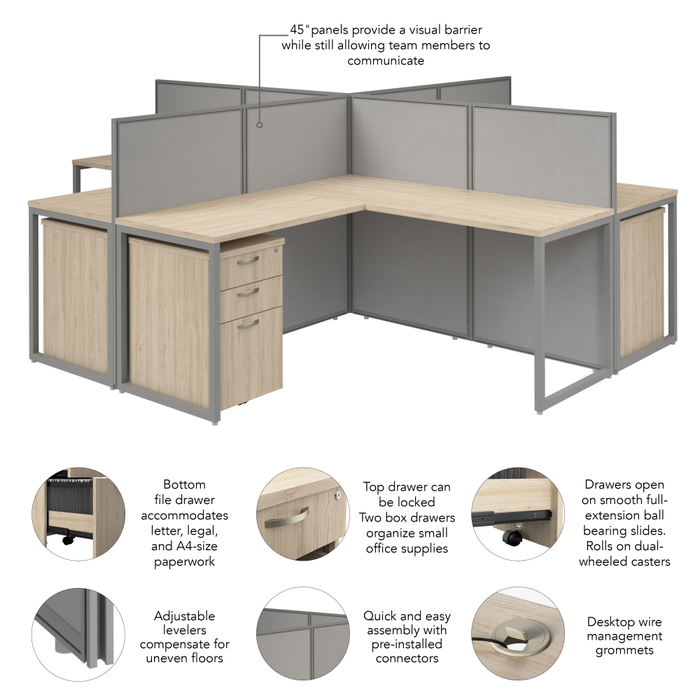 Easy Office 60W 4 Person L Shaped Cubicle Desk with Drawers and 45H Panels