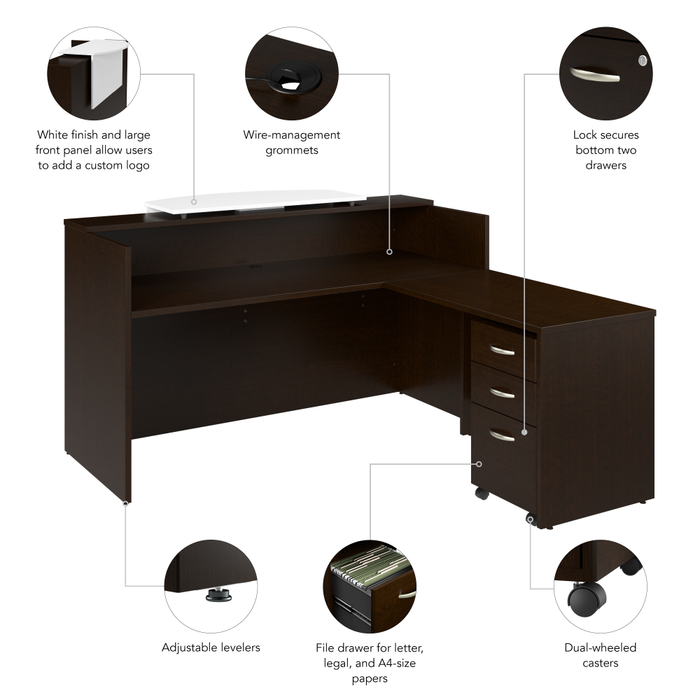 Arrive 72W x 72D L Shaped Reception Desk with Counter and Mobile File Cabinet