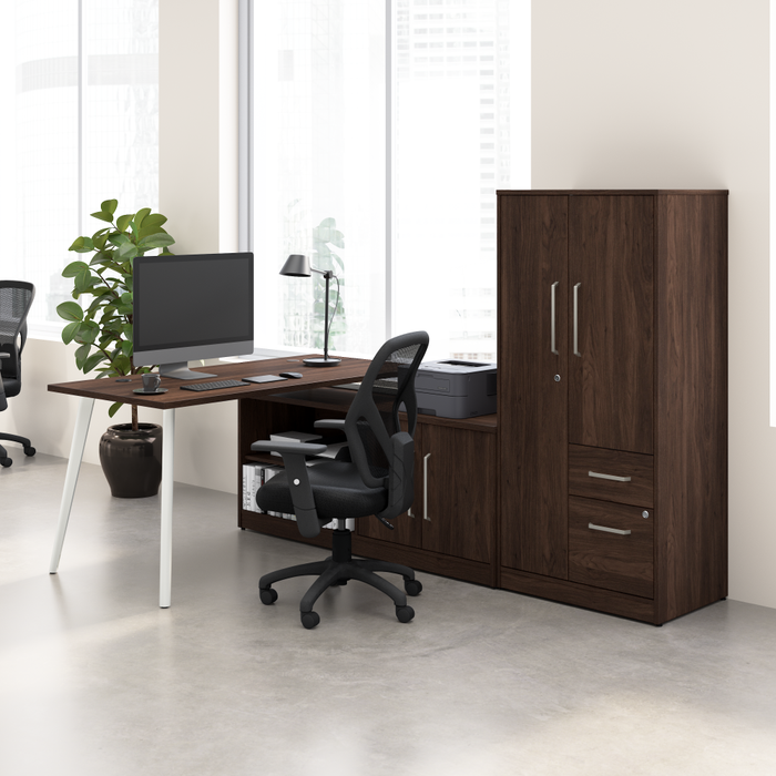 Vista 60W L Shaped Desk with Metal Legs, Low Storage Cabinet, and Wardrobe