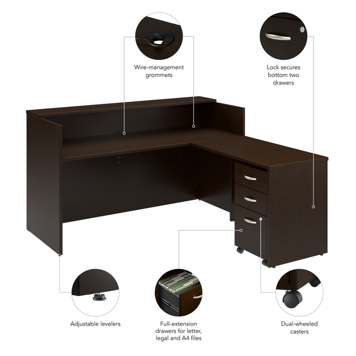 Arrive 72W x 72D L Shaped Reception Desk with Shelf and Mobile File Cabinet