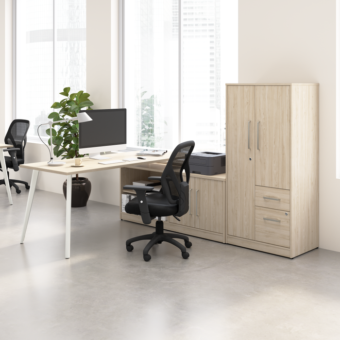 Vista 72W L Shaped Desk with Metal Legs, Low Storage Cabinet, and Wardrobe