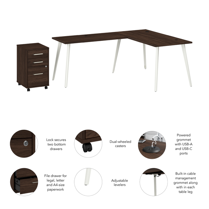 Vista 60W L Shaped Desk with Splayed Metal Legs and Mobile File Cabinet