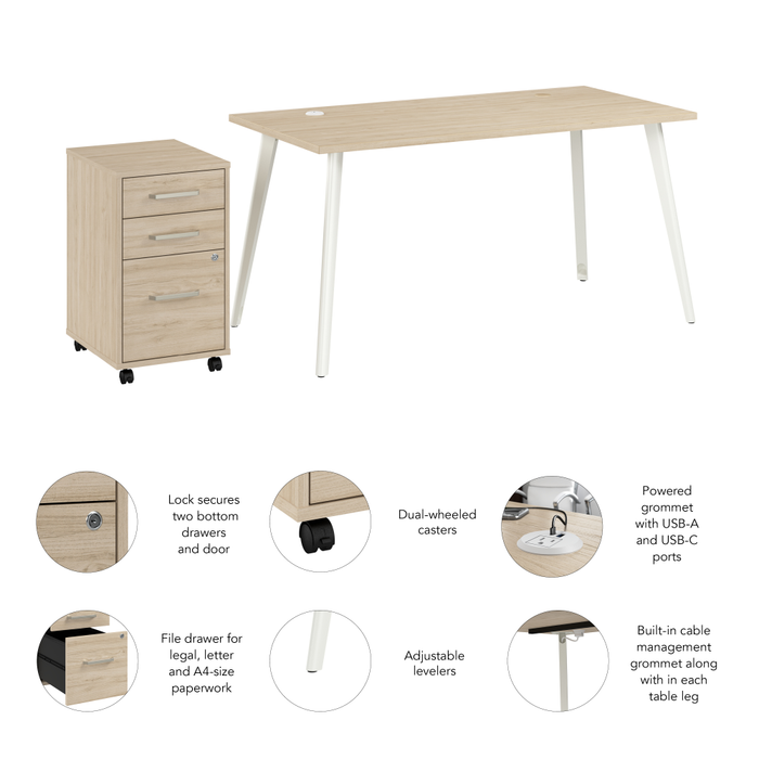 Vista 60W Desk with Splayed Metal Legs and 3 Drawer Mobile File Cabinet