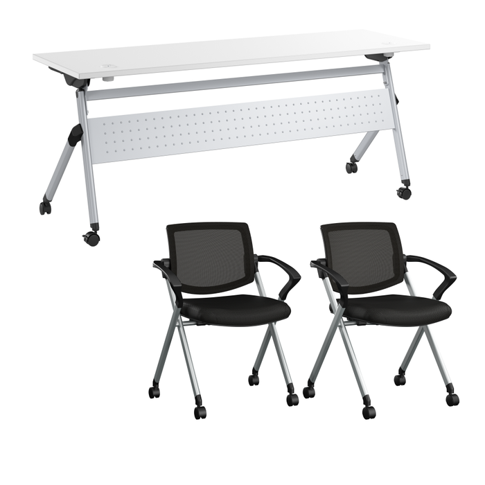 Envision 72W Training Table with Powered Grommets and 2 Chairs with Arms