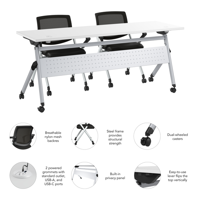 Envision 72W Training Table with Powered Grommets and 2 Chairs with Arms