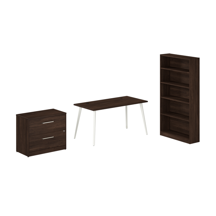 Vista 60W Desk with Splayed Metal Legs, Lateral File Cabinet, and Bookcase