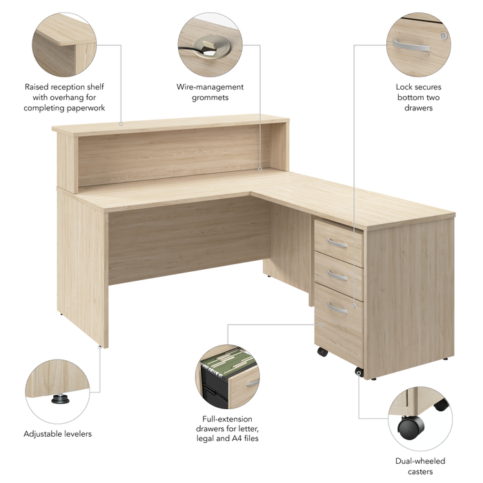 Arrive 60W x 72D L Shaped Reception Desk with Shelf and Mobile File Cabinet