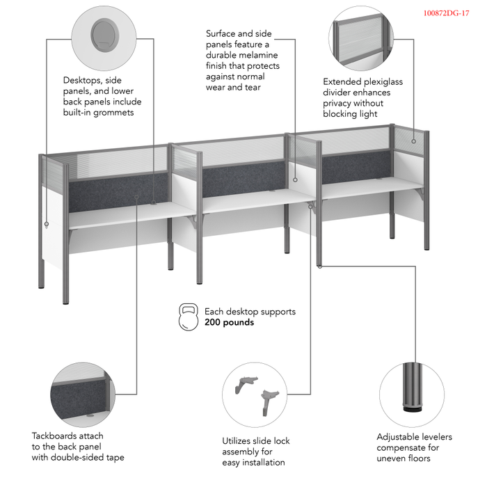 ProBiz 3 Person Office Cubicle Desk with High Privacy Panels and Tackboard
